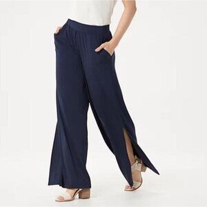 G.I.L.I. Womens Knit Wide Leg Pull-On Pants Navy Sz S Elastic Waistband Pockets